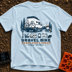 Gravel Travel Linkup - T-Shirt in Chambray - An illustration of a white camper van with a rear-mounted bicycle parked on...