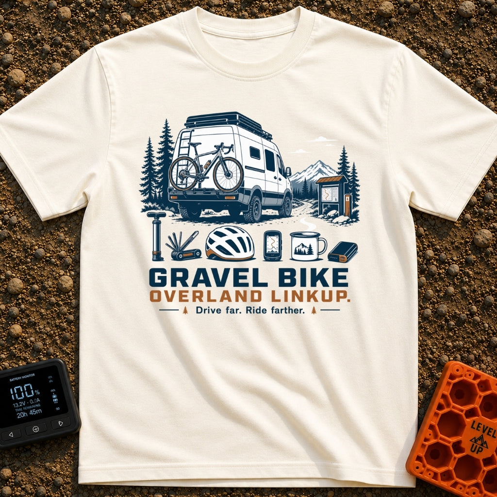 Gravel Travel Linkup - T-Shirt in Ivory - An illustration of a white camper van with a rear-mounted bicycle parked on a...