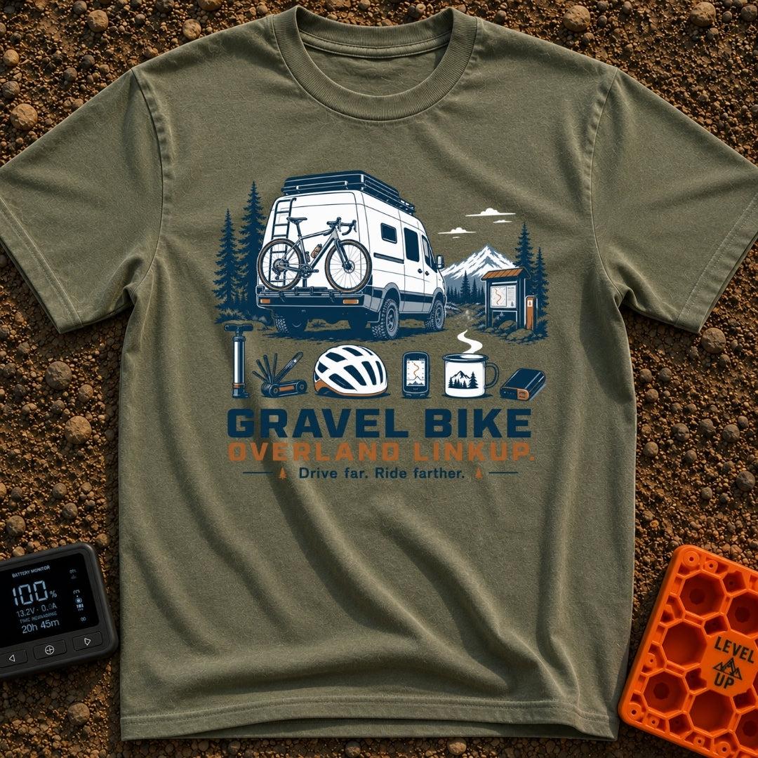 Gravel Travel Linkup - T-Shirt in Moss - An illustration of a white camper van with a rear-mounted bicycle parked on a...