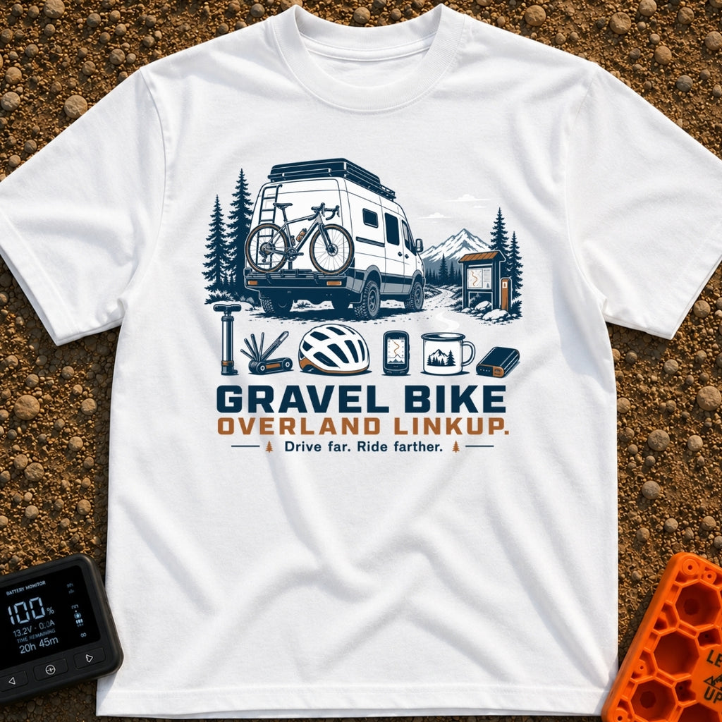Gravel Travel Linkup - T-Shirt in White - An illustration of a white camper van with a rear-mounted bicycle parked on a...