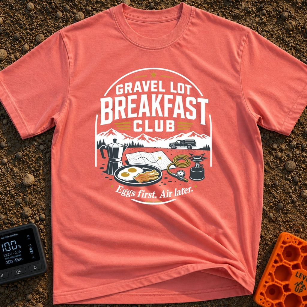 Gravel Gourmet Gathering - T-Shirt in Watermelon - A camping breakfast setup featuring a Moka pot, a pan of eggs and...
