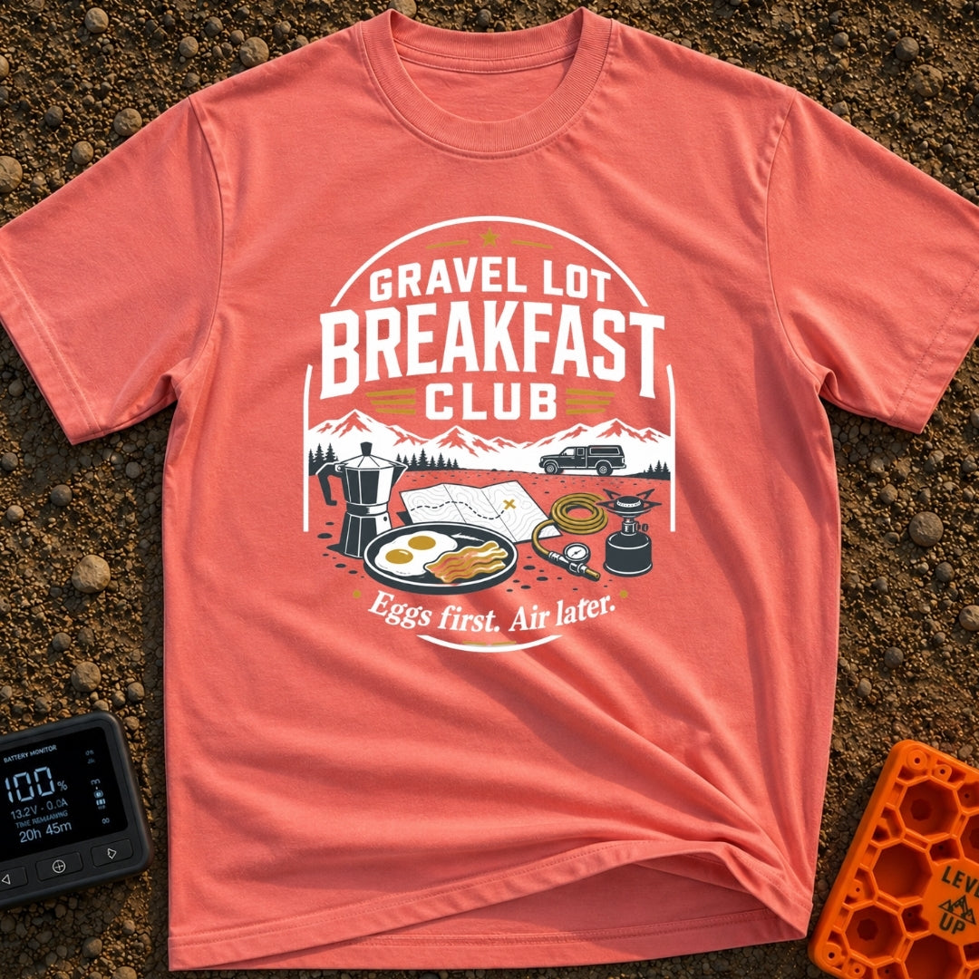 Gravel Gourmet Gathering - T-Shirt in Watermelon - A camping breakfast setup featuring a Moka pot, a pan of eggs and...