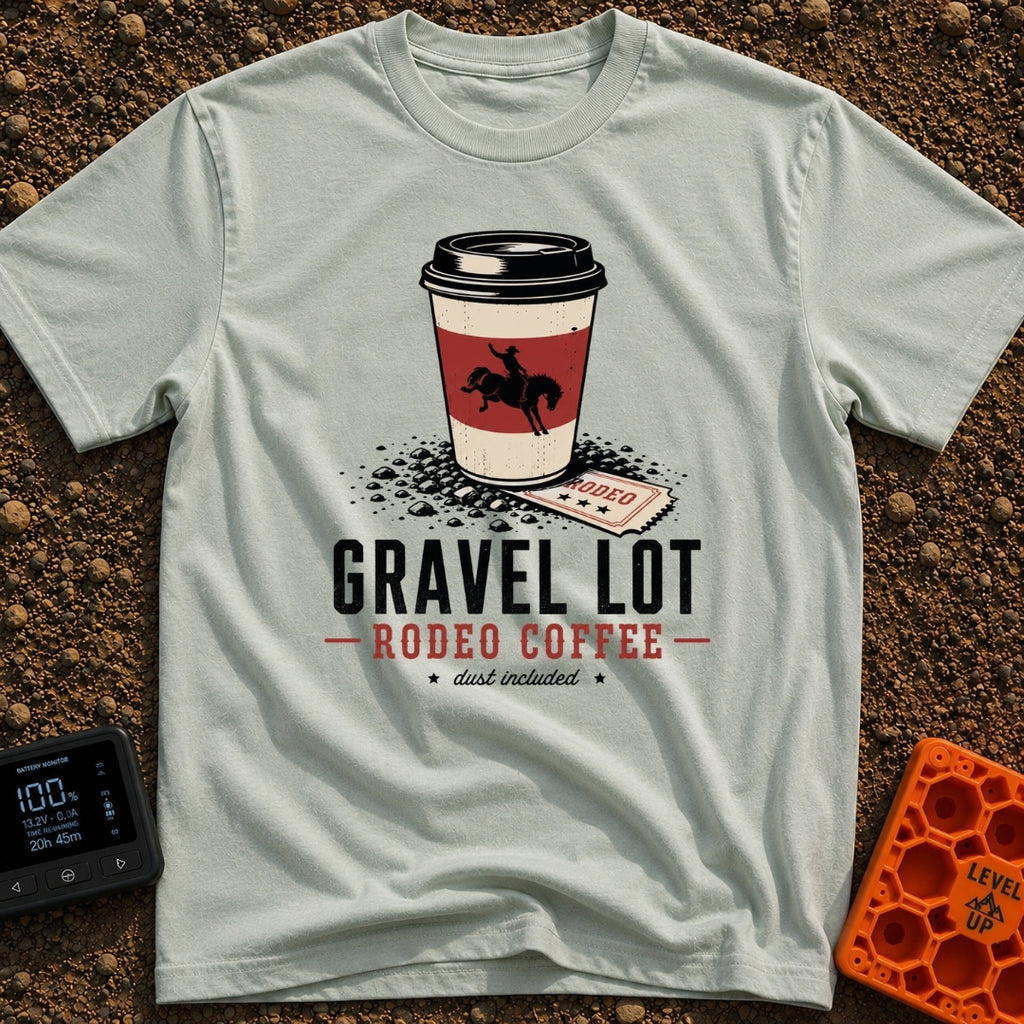 Gravel Lot Rodeo - T-Shirt in Bay - An illustration of a disposable coffee cup featuring a bucking bronco silhouette,...