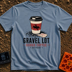 Gravel Lot Rodeo - T-Shirt in Blue Jean - An illustration of a disposable coffee cup featuring a bucking bronco...