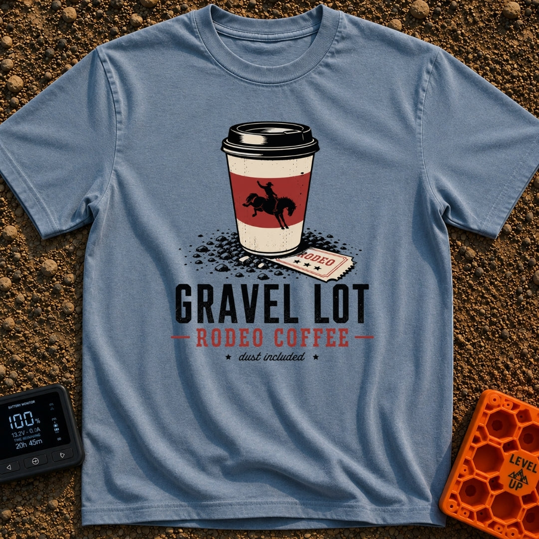 Gravel Lot Rodeo - T-Shirt in Blue Jean - An illustration of a disposable coffee cup featuring a bucking bronco...