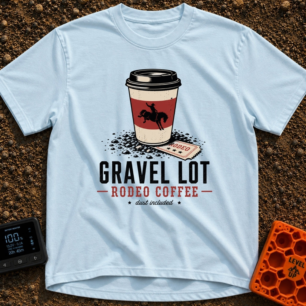 Gravel Lot Rodeo - T-Shirt in Chambray - An illustration of a disposable coffee cup featuring a bucking bronco...