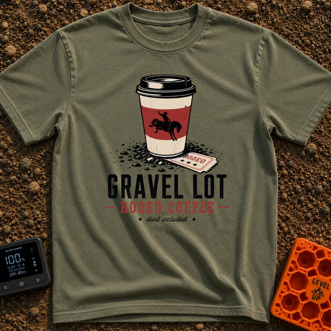 Gravel Lot Rodeo - T-Shirt in Moss - An illustration of a disposable coffee cup featuring a bucking bronco silhouette,...
