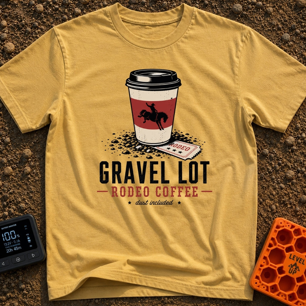Gravel Lot Rodeo - T-Shirt in Mustard - An illustration of a disposable coffee cup featuring a bucking bronco silhouette,...