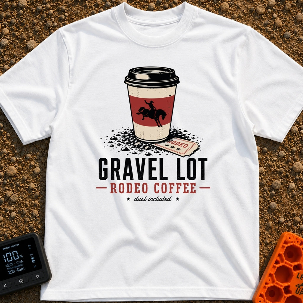 Gravel Lot Rodeo - T-Shirt in White - An illustration of a disposable coffee cup featuring a bucking bronco silhouette,...