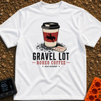 Gravel Lot Rodeo - T-Shirt in White - An illustration of a disposable coffee cup featuring a bucking bronco silhouette,...