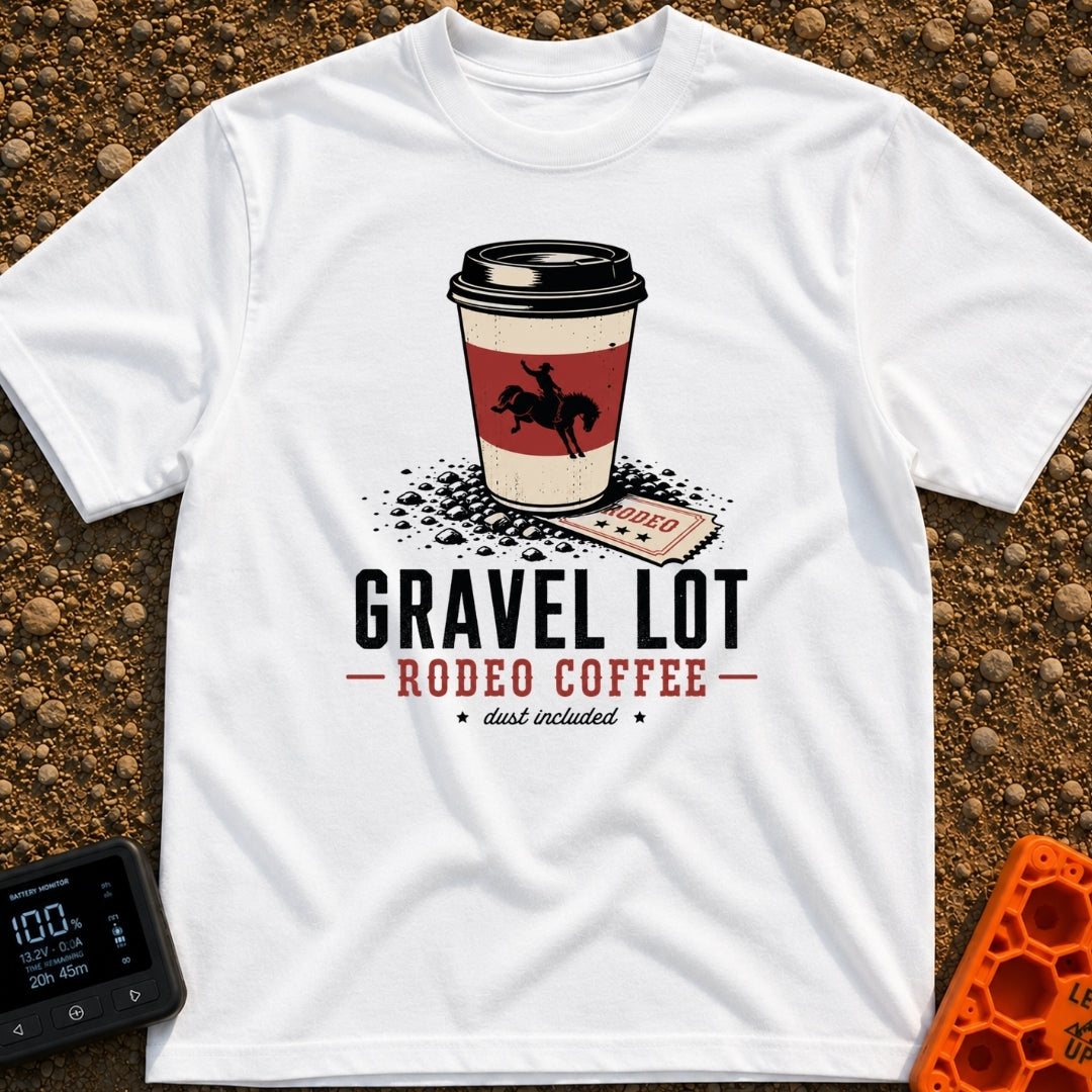 Gravel Lot Rodeo - T-Shirt in White - An illustration of a disposable coffee cup featuring a bucking bronco silhouette,...