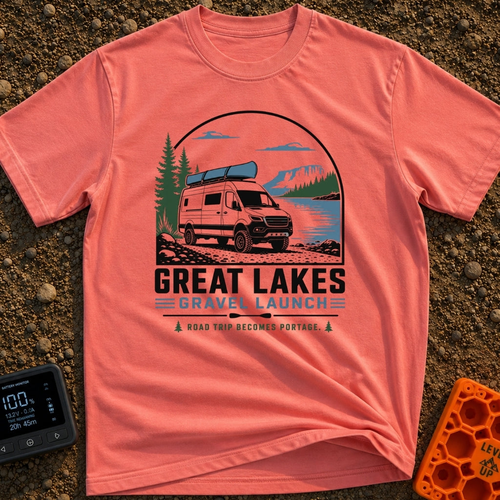 Canoe Venture Vibes - T-Shirt in Watermelon - A white camper van with a blue canoe strapped to its roof is parked on a...