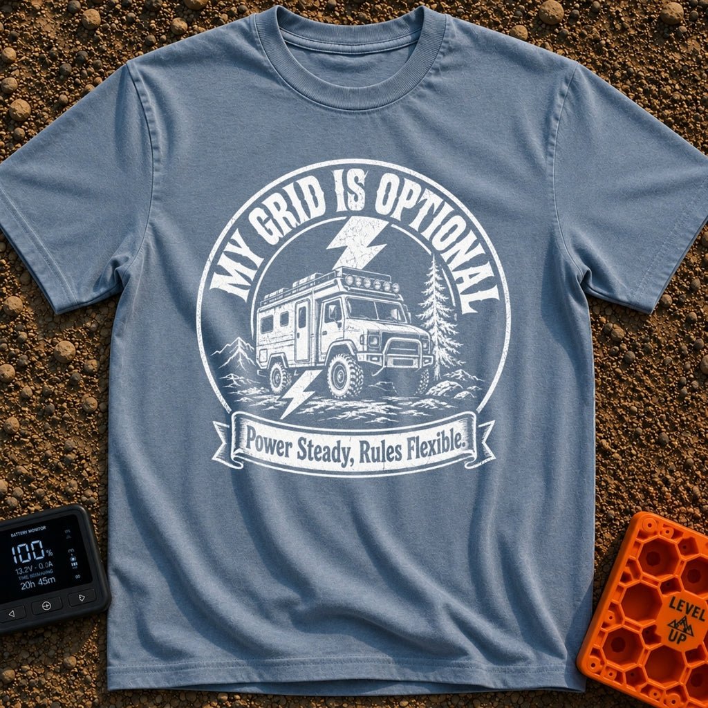 The Grid Is Optional - T-Shirt in Blue Jean - A black and white circular patch design featuring a rugged 4x4 expedition...