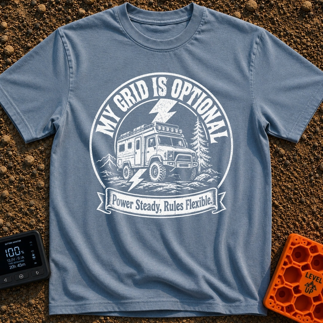 The Grid Is Optional - T-Shirt in Blue Jean - A black and white circular patch design featuring a rugged 4x4 expedition...