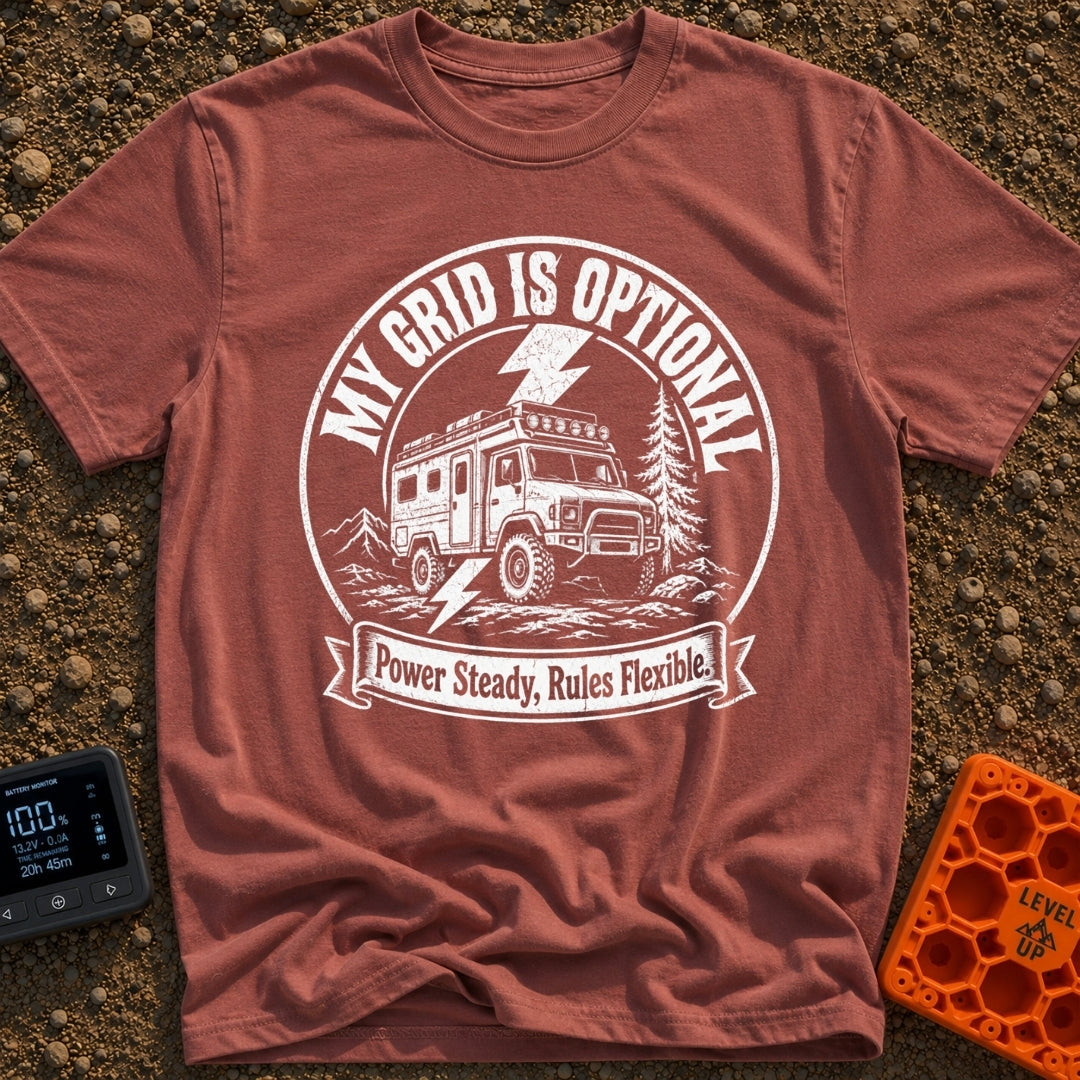 The Grid Is Optional - T-Shirt in Brick - A black and white circular patch design featuring a rugged 4x4 expedition...