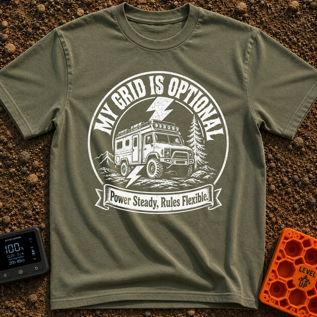 The Grid Is Optional - T-Shirt in Moss - A black and white circular patch design featuring a rugged 4x4 expedition camper...