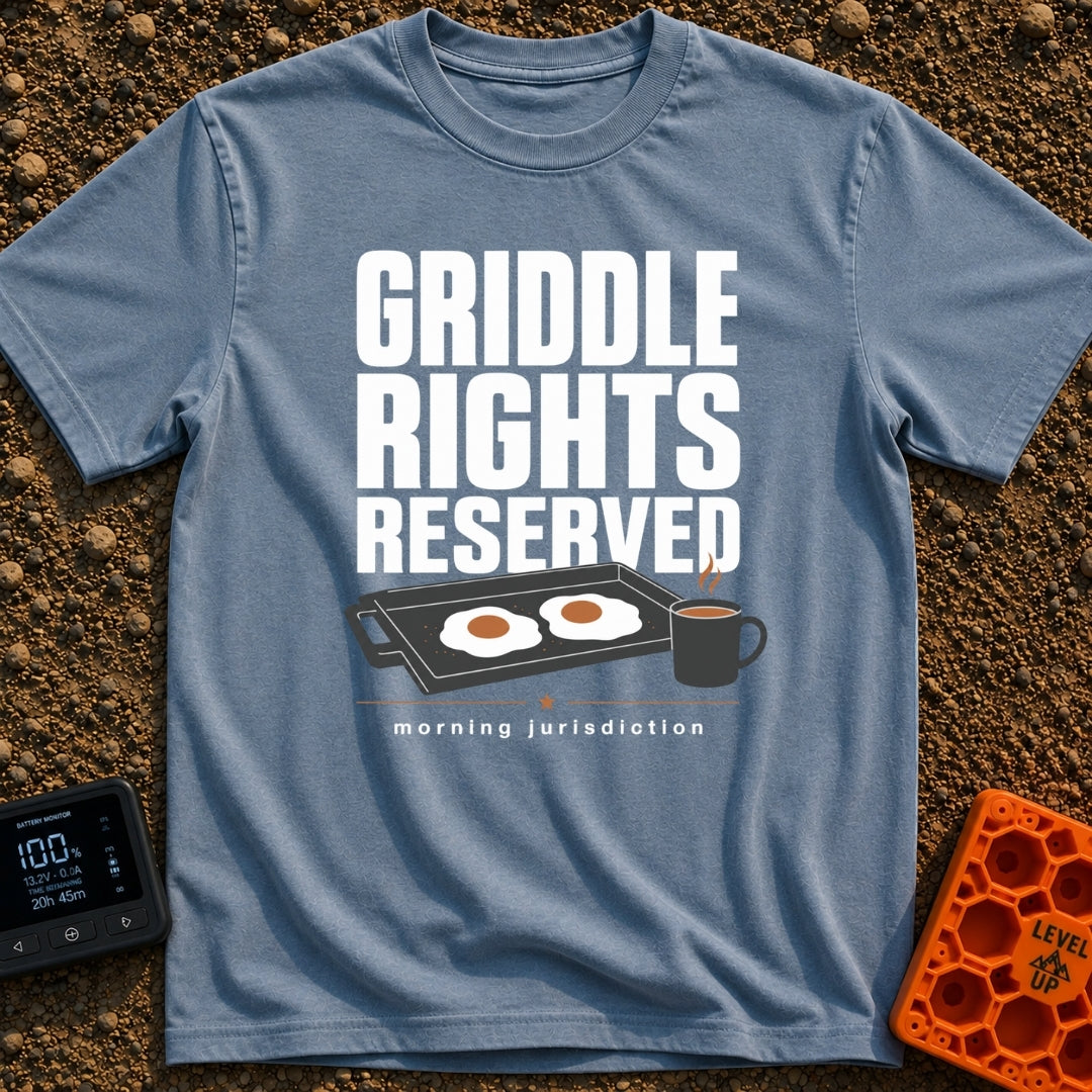 Griddle Rights Reserved - T-Shirt in Blue Jean - The artwork features large stacked text reading "GRIDDLE RIGHTS...