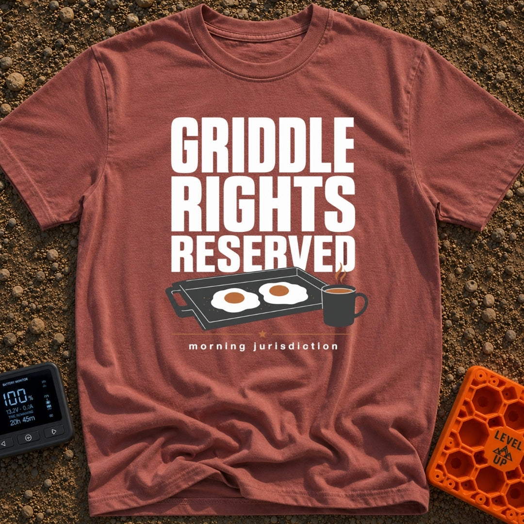 Griddle Rights Reserved - T-Shirt in Brick - The artwork features large stacked text reading "GRIDDLE RIGHTS RESERVED"...