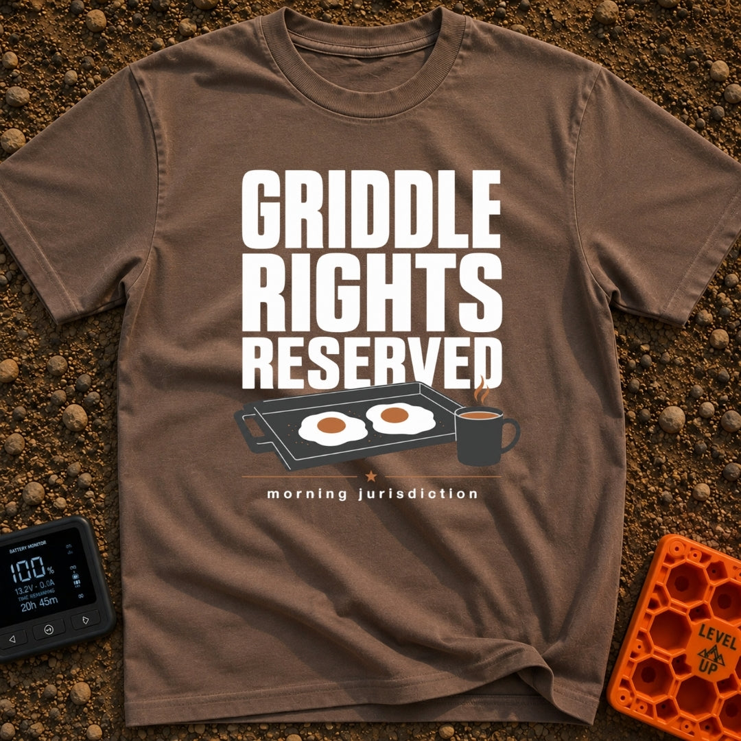 Griddle Rights Reserved - T-Shirt in Espresso - The artwork features large stacked text reading "GRIDDLE RIGHTS RESERVED"...