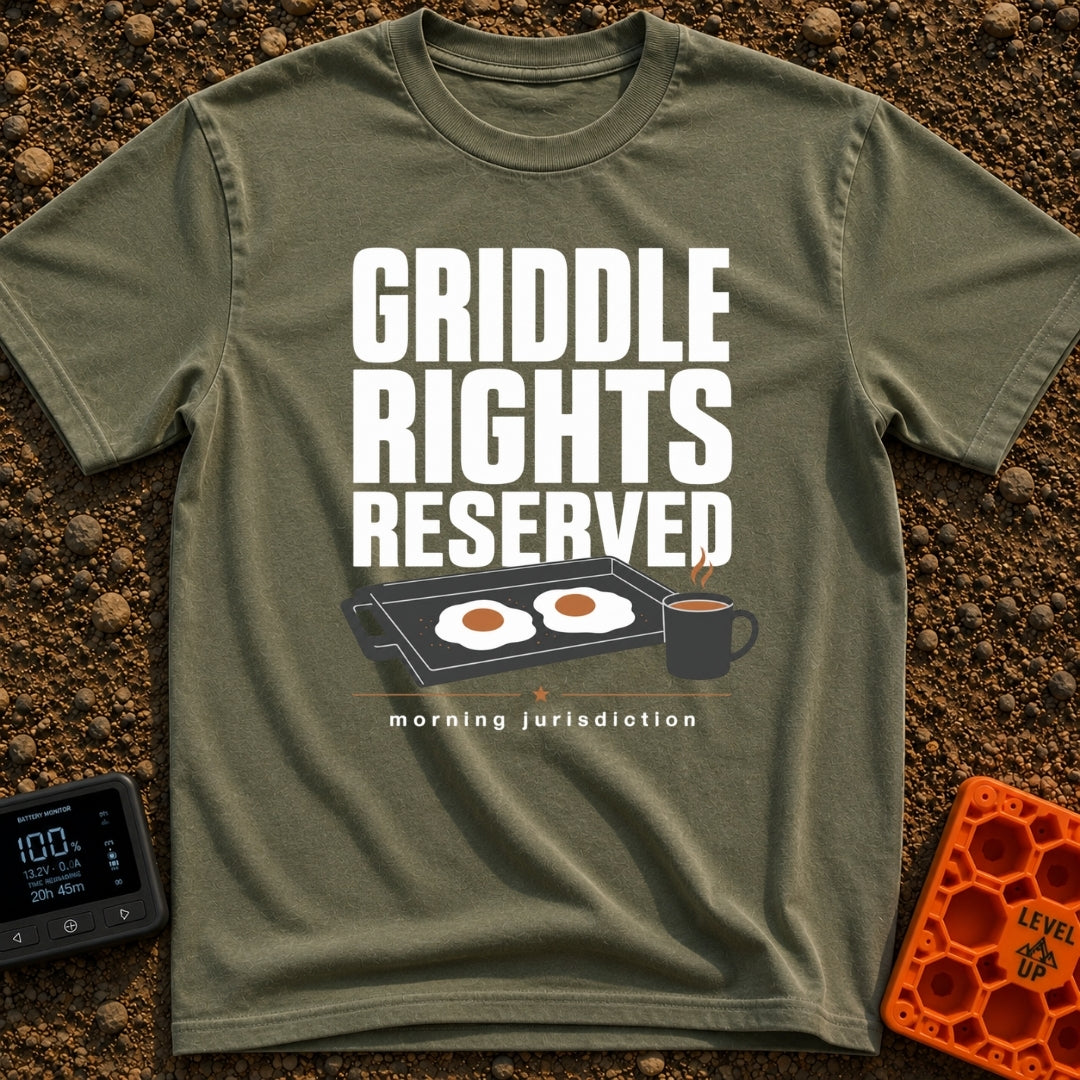 Griddle Rights Reserved - T-Shirt in Moss - The artwork features large stacked text reading "GRIDDLE RIGHTS RESERVED"...
