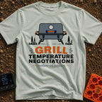 Heated Grill Negotiations - T-Shirt in Bay - An illustration of a grey portable camping grill with a temperature gauge,...