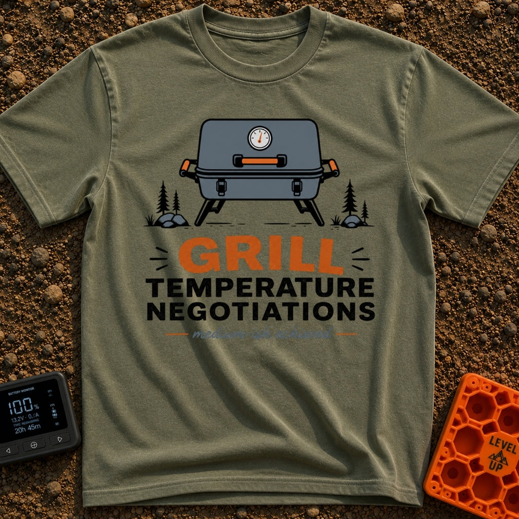 Heated Grill Negotiations - T-Shirt in Moss - An illustration of a grey portable camping grill with a temperature gauge,...