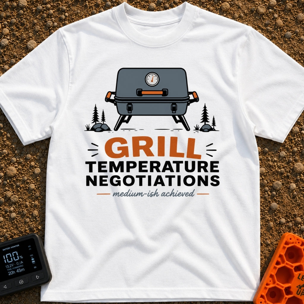 Heated Grill Negotiations - T-Shirt in White - An illustration of a grey portable camping grill with a temperature gauge,...