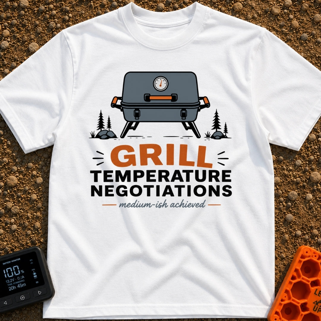 Heated Grill Negotiations - T-Shirt in White - An illustration of a grey portable camping grill with a temperature gauge,...