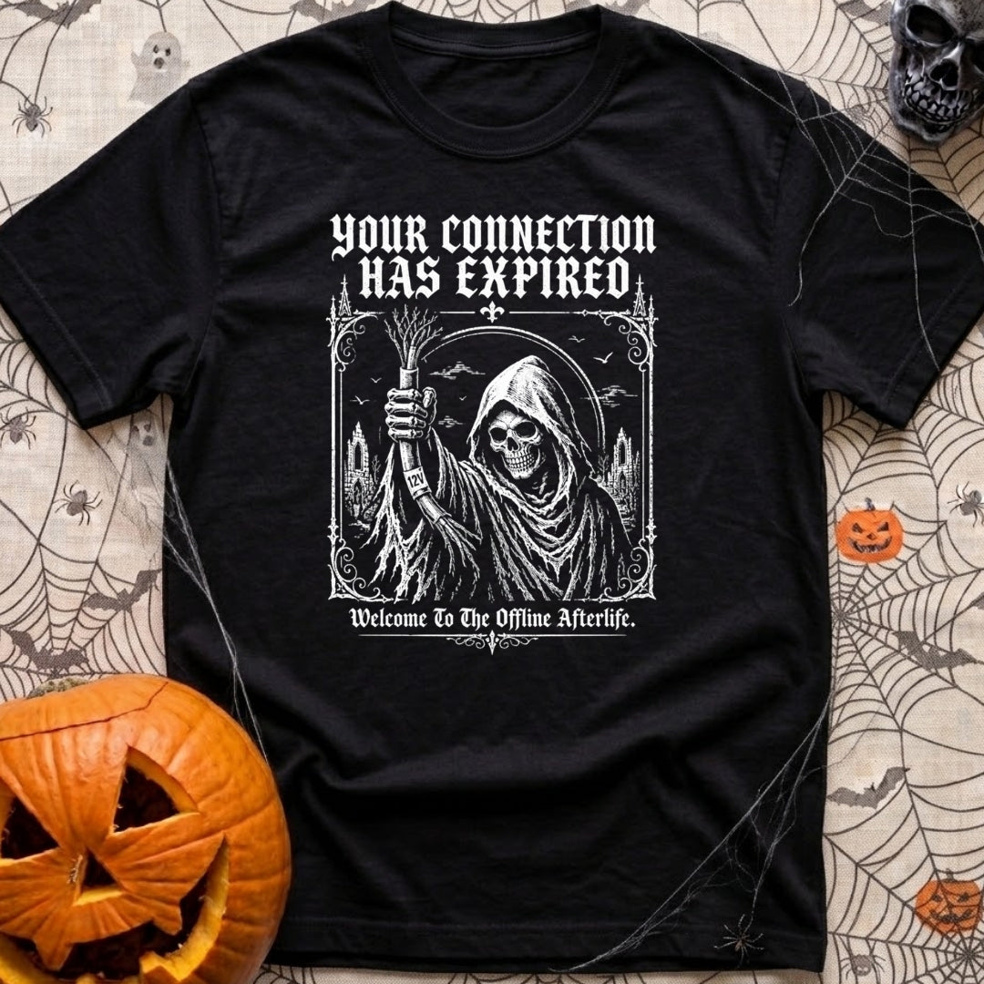 Drop Dead Connection - T-Shirt in Black - A black-and-white illustration of a skeletal Grim Reaper in a gothic graveyard,...