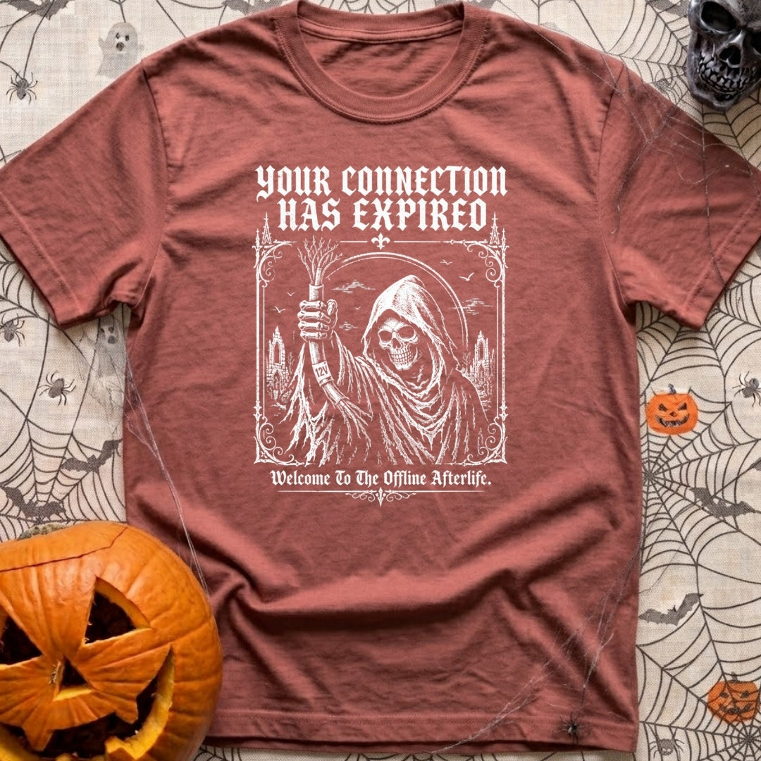 Drop Dead Connection - T-Shirt in Brick - A black-and-white illustration of a skeletal Grim Reaper in a gothic graveyard,...