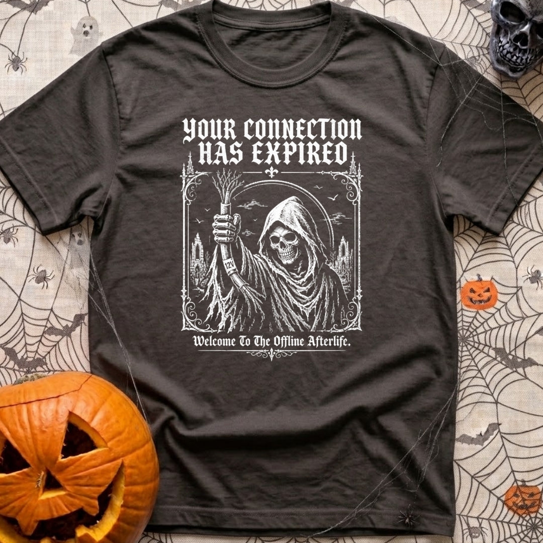 Drop Dead Connection - T-Shirt in Graphite - A black-and-white illustration of a skeletal Grim Reaper in a gothic...