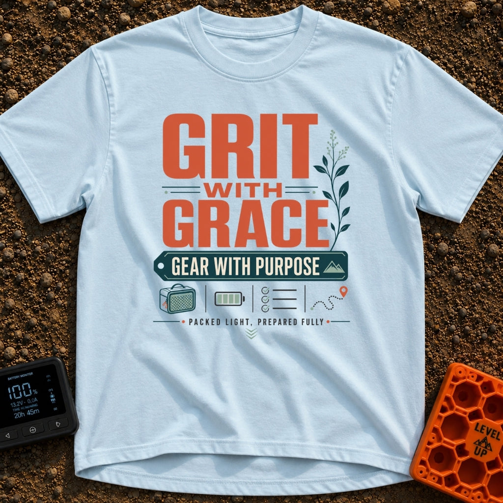 Grit With Grace - T-Shirt in Chambray - The image features bold, stylized text reading "GRIT WITH GRACE" and "GEAR WITH...