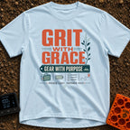 Grit With Grace - T-Shirt in Chambray - The image features bold, stylized text reading "GRIT WITH GRACE" and "GEAR WITH...