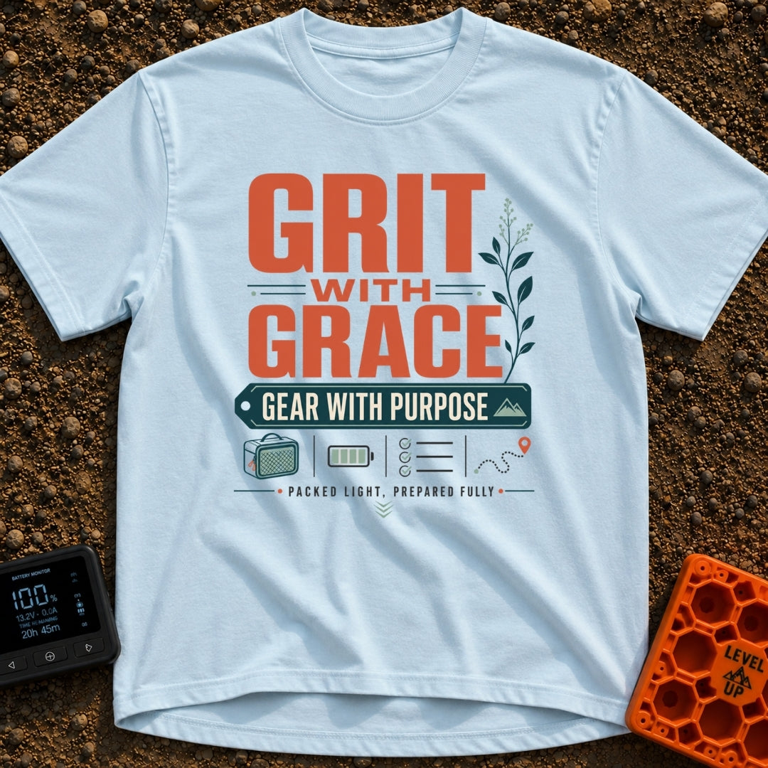 Grit With Grace - T-Shirt in Chambray - The image features bold, stylized text reading "GRIT WITH GRACE" and "GEAR WITH...