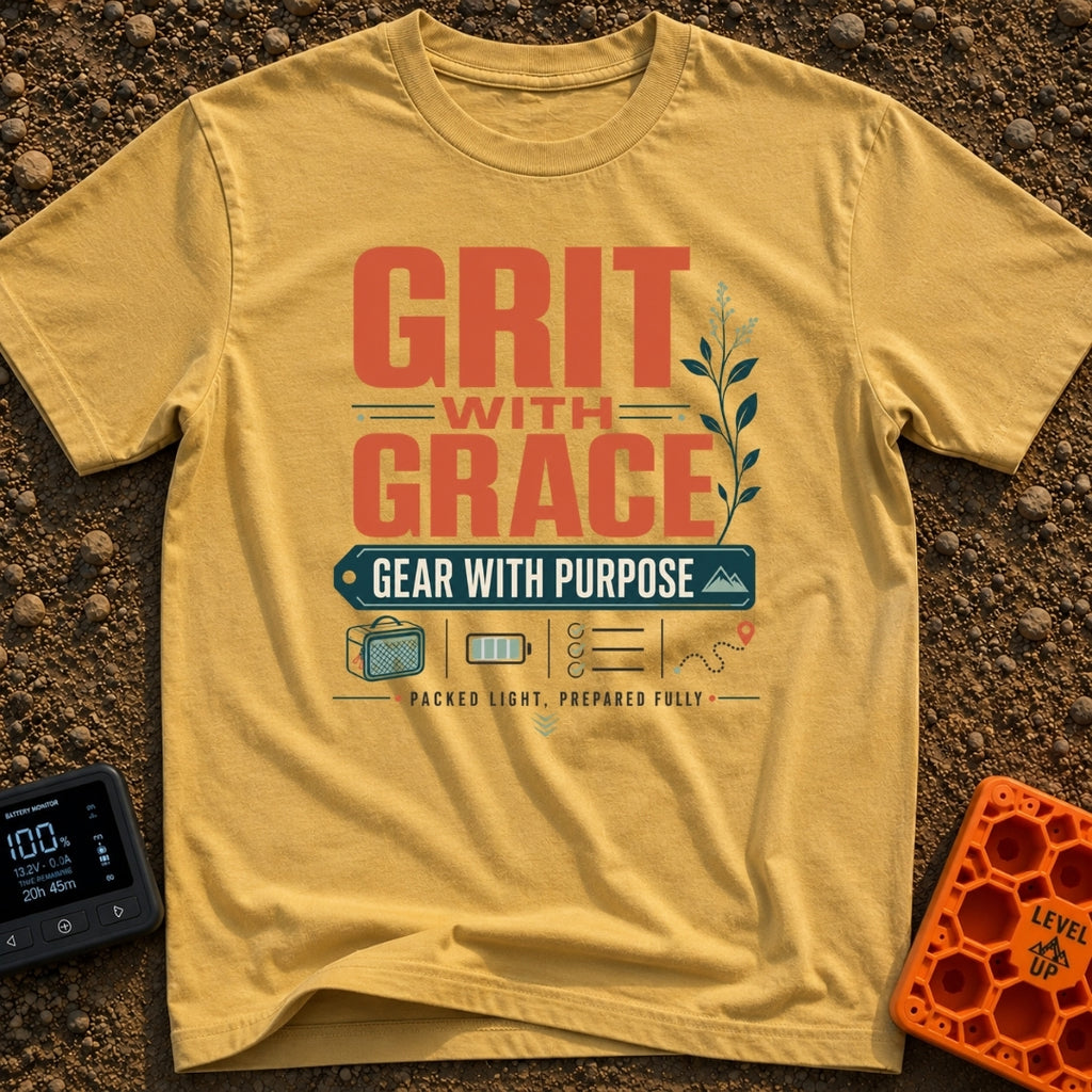 Grit With Grace - T-Shirt in Mustard - The image features bold, stylized text reading "GRIT WITH GRACE" and "GEAR WITH...