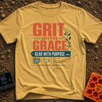 Grit With Grace - T-Shirt in Mustard - The image features bold, stylized text reading "GRIT WITH GRACE" and "GEAR WITH...