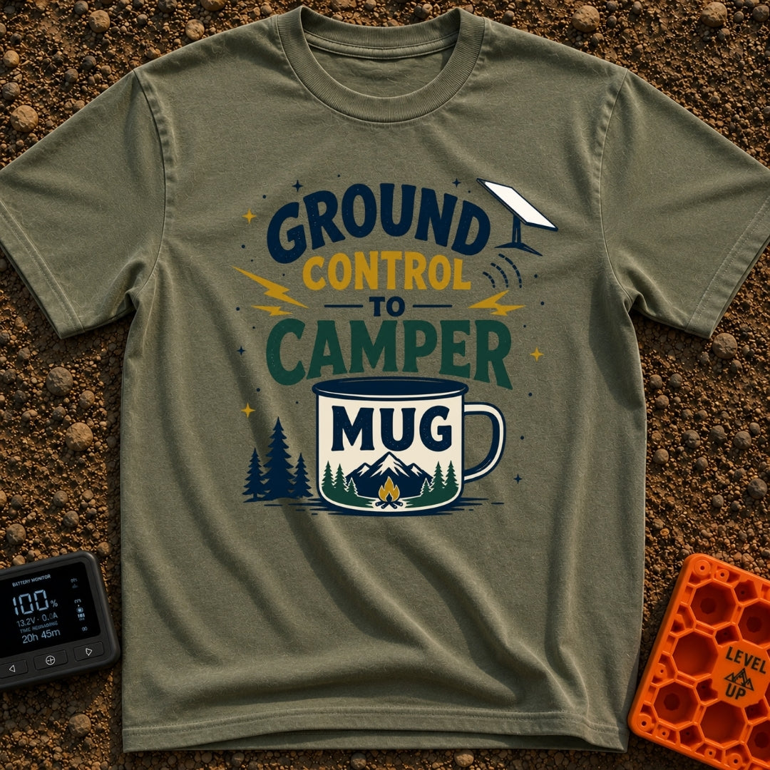 Ground Control To Camper - T-Shirt in Moss - A graphic design featuring the text 'GROUND CONTROL TO CAMPER MUG' alongside...