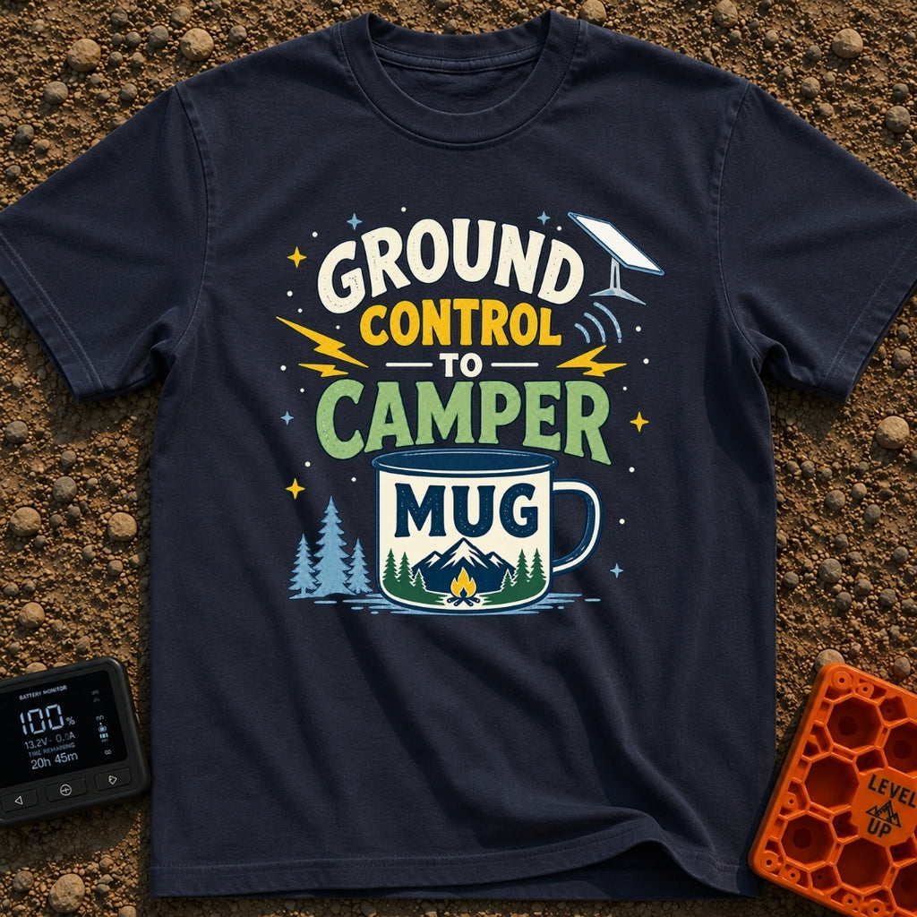 Ground Control To Camper - T-Shirt in Navy - A graphic design featuring the text 'GROUND CONTROL TO CAMPER MUG' alongside...