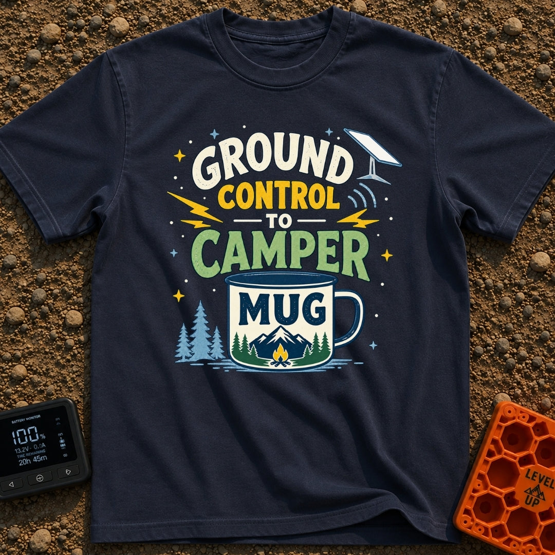 Ground Control To Camper - T-Shirt in Navy - A graphic design featuring the text 'GROUND CONTROL TO CAMPER MUG' alongside...