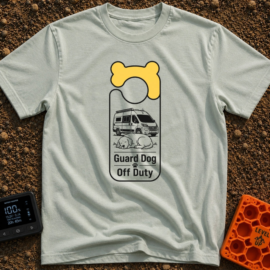 Pooch On Break - T-Shirt in Bay - A graphic shaped like a door hanger featuring a yellow bone design at the top. The...