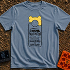 Pooch On Break - T-Shirt in Blue Jean - A graphic shaped like a door hanger featuring a yellow bone design at the top....