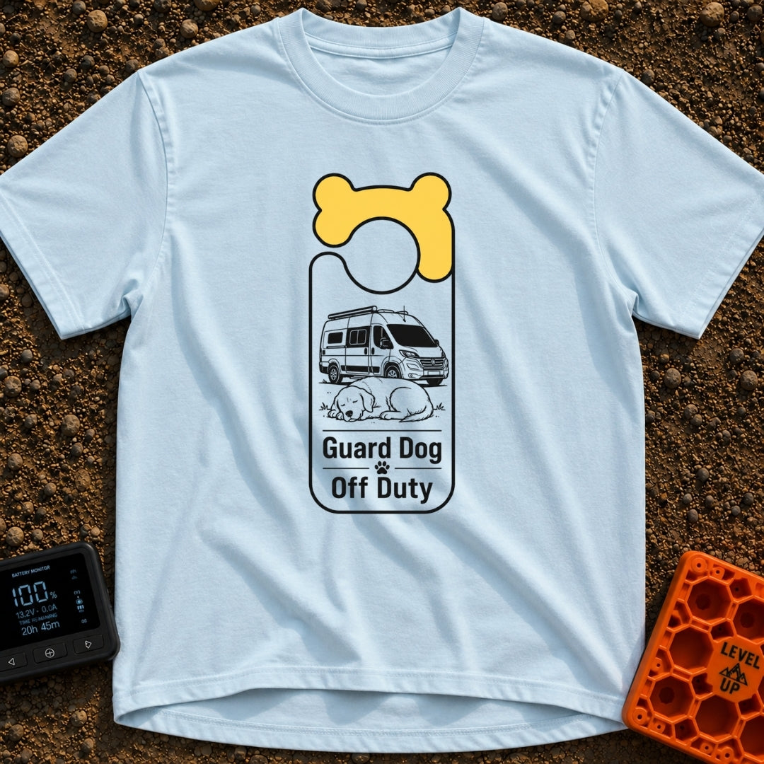 Pooch On Break - T-Shirt in Chambray - A graphic shaped like a door hanger featuring a yellow bone design at the top. The...