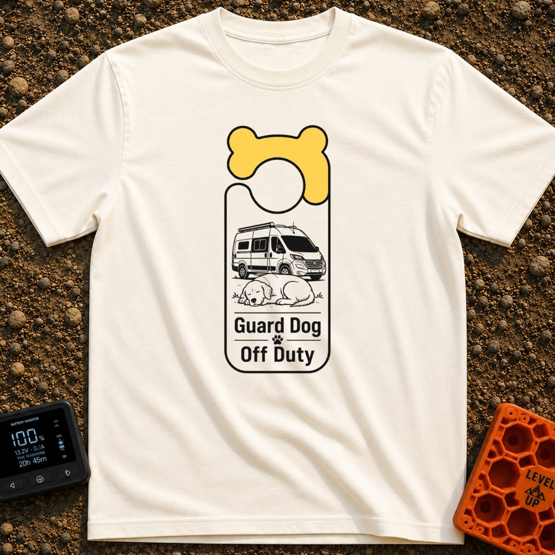 Pooch On Break - T-Shirt in Ivory - A graphic shaped like a door hanger featuring a yellow bone design at the top. The...