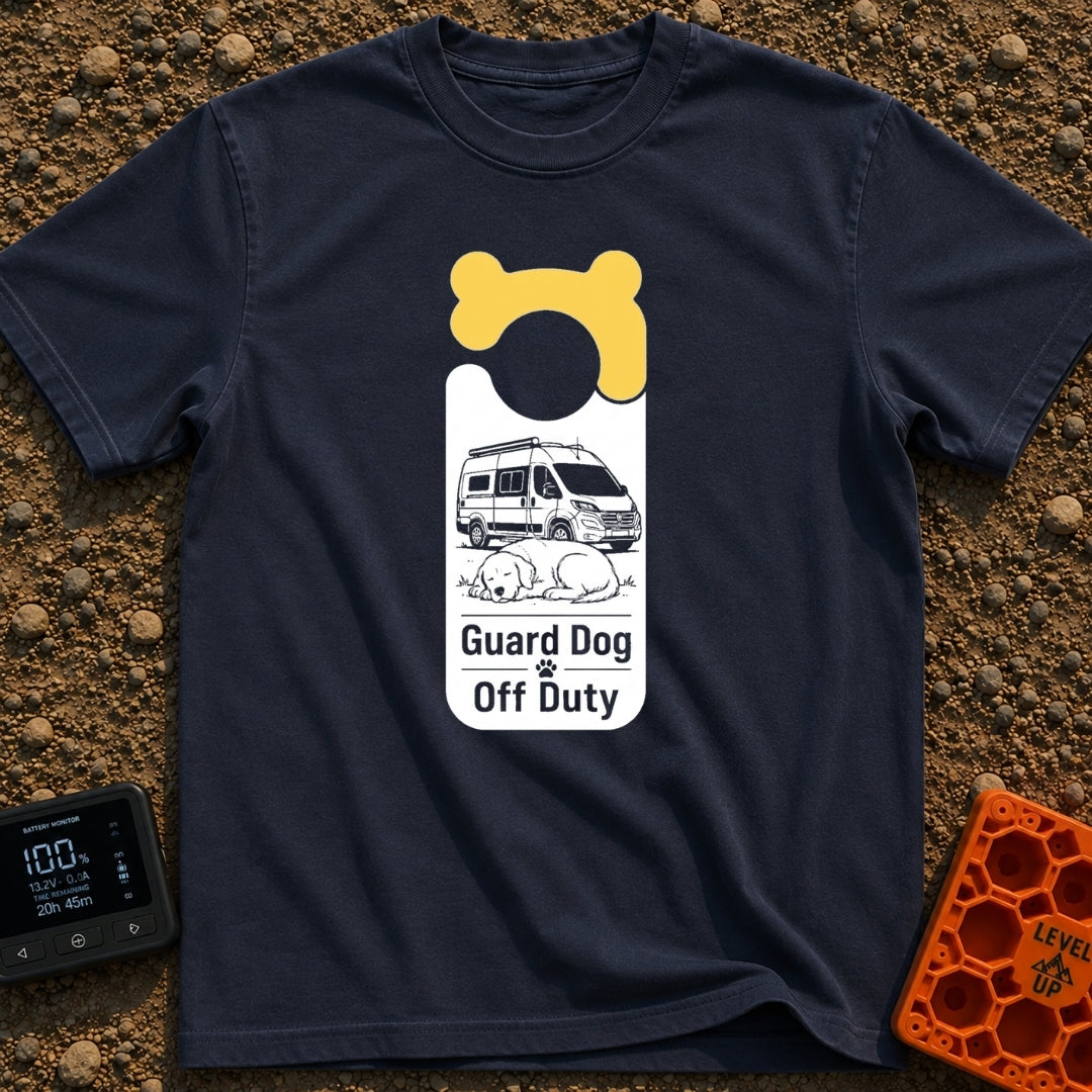 Pooch On Break - T-Shirt in Navy - A graphic shaped like a door hanger featuring a yellow bone design at the top. The...