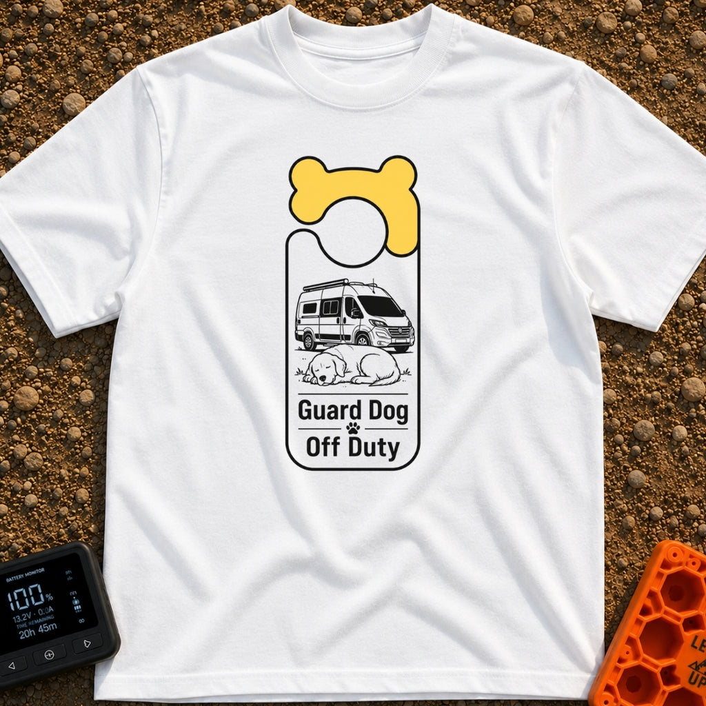 Pooch On Break - T-Shirt in White - A graphic shaped like a door hanger featuring a yellow bone design at the top. The...