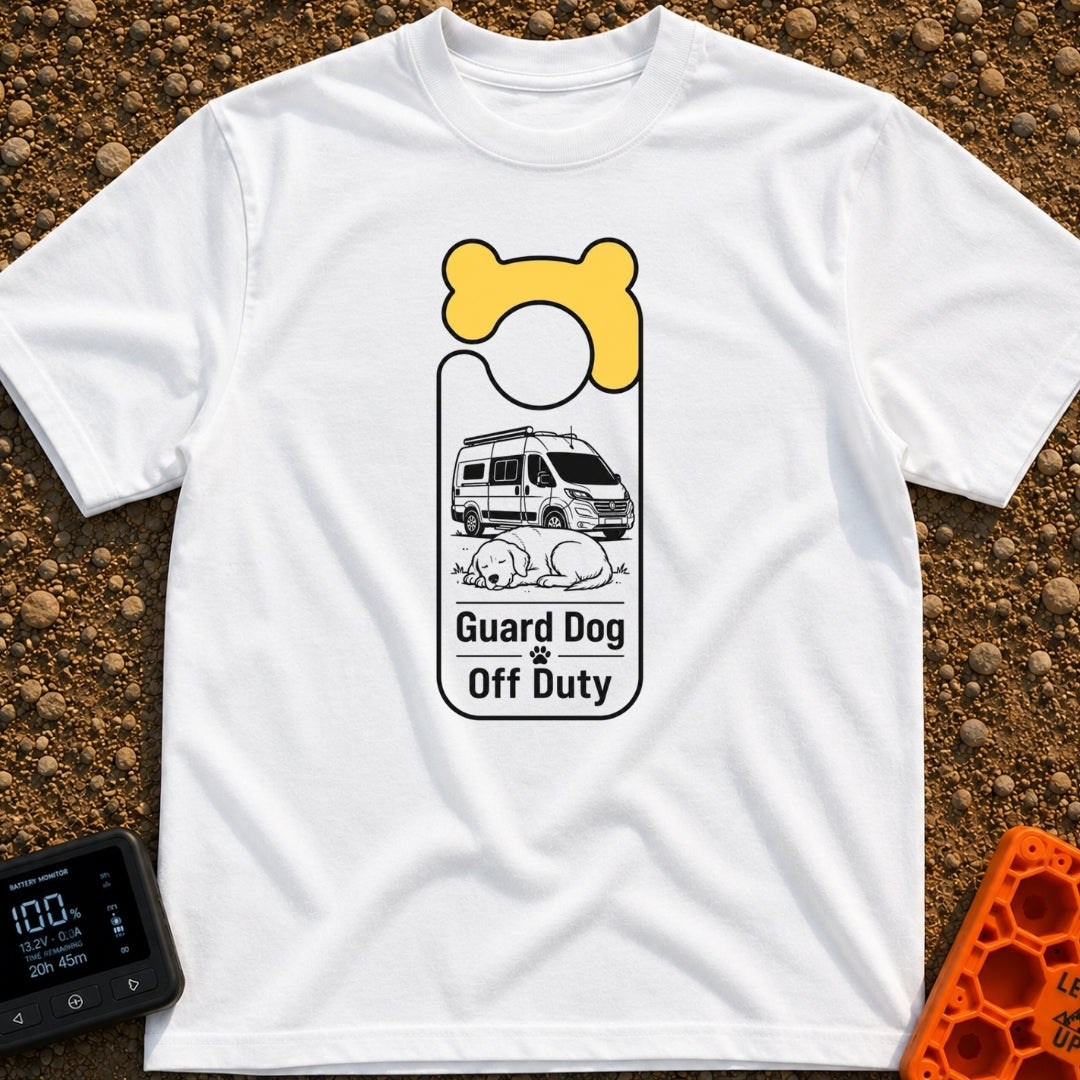 Pooch On Break - T-Shirt in White - A graphic shaped like a door hanger featuring a yellow bone design at the top. The...