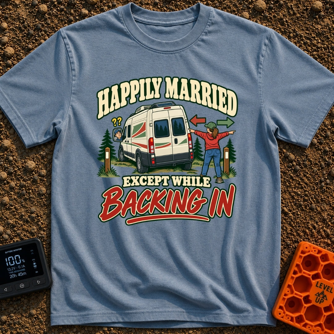 Happily Hitched Campers - T-Shirt in Blue Jean - A cartoon illustration of a campervan backing into a wooded campsite...