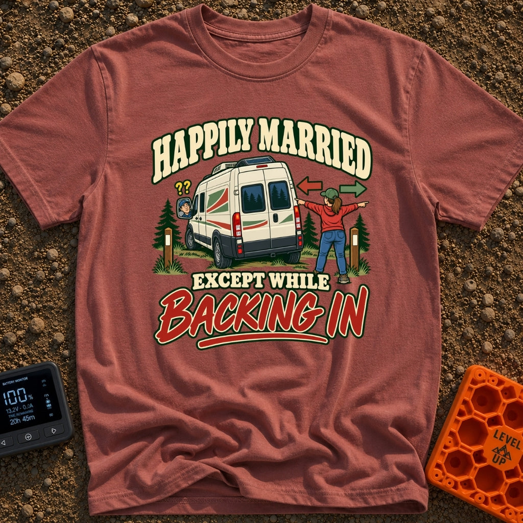 Happily Hitched Campers - T-Shirt in Brick - A cartoon illustration of a campervan backing into a wooded campsite between...