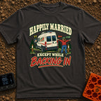 Happily Hitched Campers - T-Shirt in Graphite - A cartoon illustration of a campervan backing into a wooded campsite...