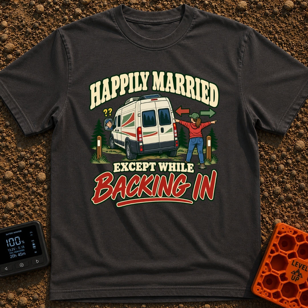 Happily Hitched Campers - T-Shirt in Graphite - A cartoon illustration of a campervan backing into a wooded campsite...